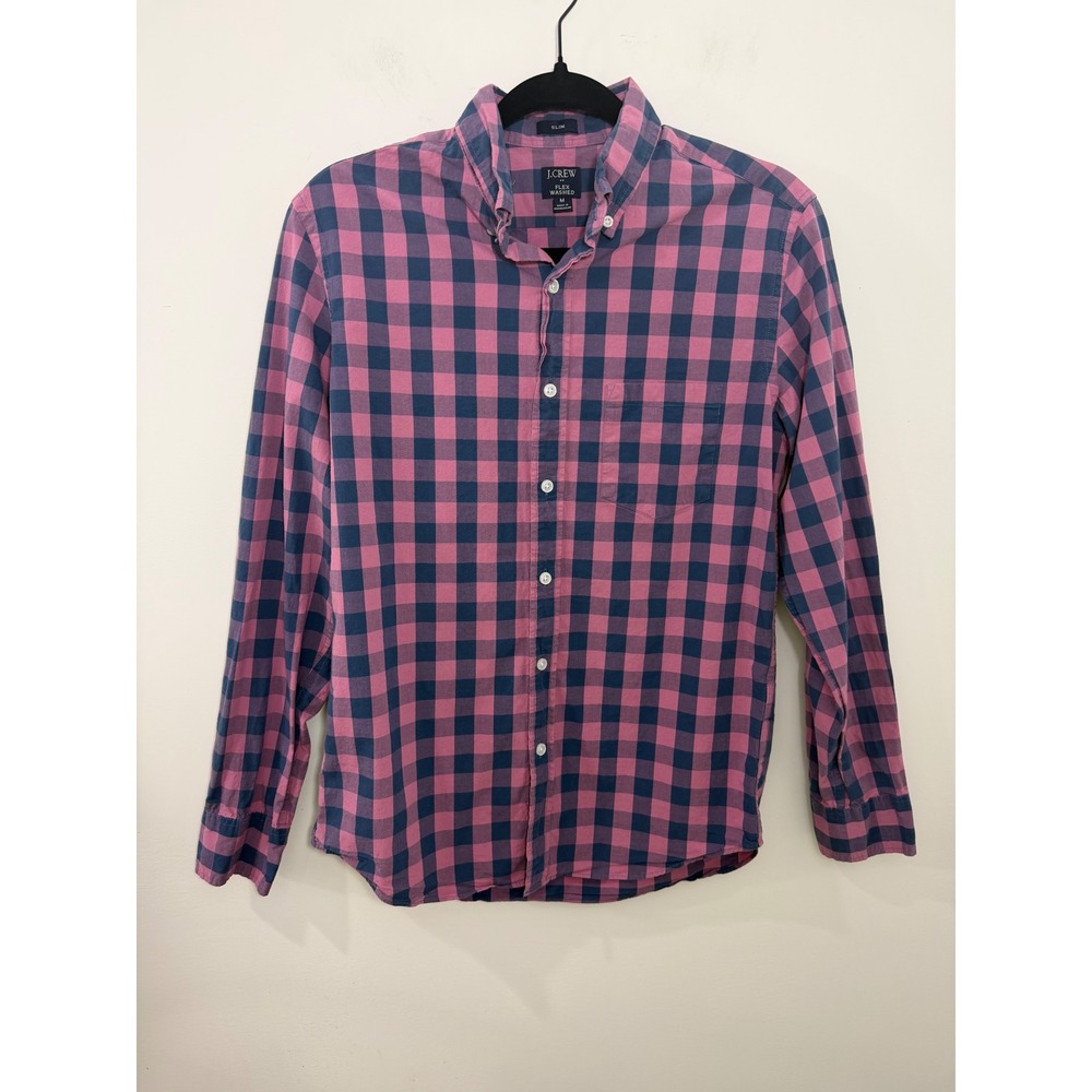 J.Crew Slim Flex Washed Gingham Shirt Pink Navy Blue Mens Medium Long Sleeve